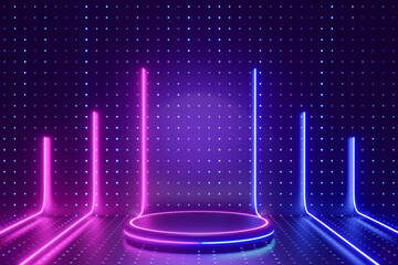 Digital product background. Glow cylinder podium with row of line led light reflects on dark dot effect blue background. 3D illustration rendering.
