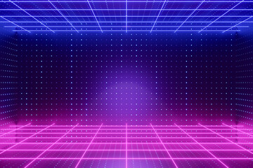 Digital product background. Glow grid light perspective line led light reflects on dark dot effect pink blue background. 3D illustration rendering.