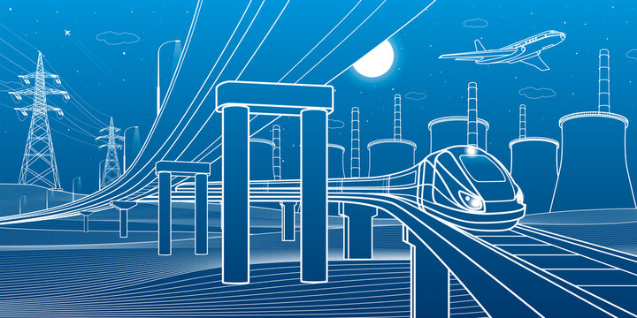 Outline road bridge. Car overpass. Train rides. City Infrastructure and transport illustration. Urban scene. Vector design art. White lines on blue background