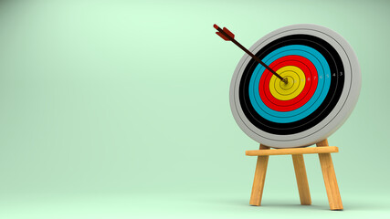 Bow from archery shoot to center point of dart on wood stand.Sport pastel conceptual with 3d realistic rendering.  - obrazy, fototapety, plakaty