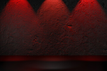 Digital product background. Blank texture concrete black background with red spotlight lighting. 3D illustration rendering.