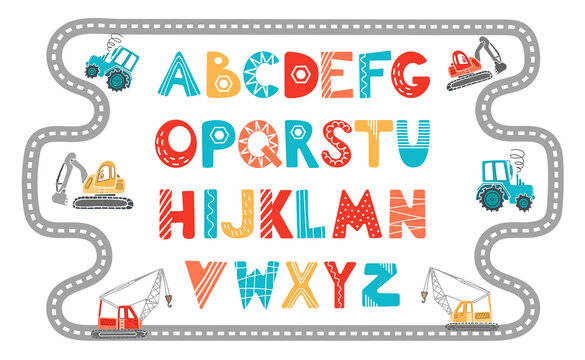 Bright funny alphabet, Scandinavian style. Cartoon vector illustration. Childrens construction machinery collection. Excavator, tractor, crane. For kids, nursery, poster, birthday, wallpaper, design