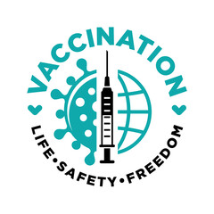 COVID-19 global vaccination concept. Medical syringe with needle, Vial and bottle with the drug against coronavirus. Life, safety, freedom travel. Vector on transparent background