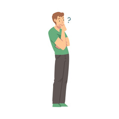 Thoughtful Man Character with Hand on Chin and Question Mark Thinking Over the Matter Vector Illustration