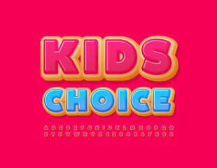 Vector creative badge Kids Choice. Sweet Alphabet Letters and Numbers set. Pink glazed Font