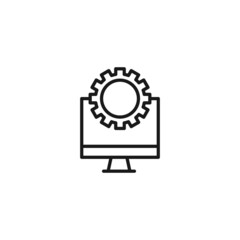 Line icon of gear next to stationary computer