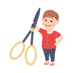 Cute Boy with Huge Scissors as School Stationery Vector Illustration