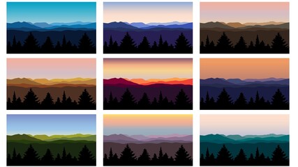 mountain landscape vector illustrations  with trees and skies
