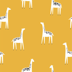 Seamless patterns. Colorful giraffes on a yellow background for design. Vector illustration