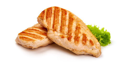 Grilled chicken fillet with tomato sauce, isolated on white background.