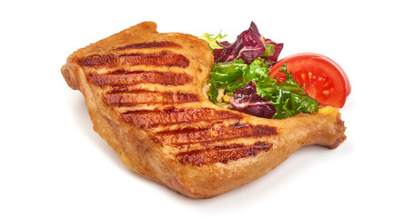 Roasted chicken quarters with mix salad, isolated on white background.