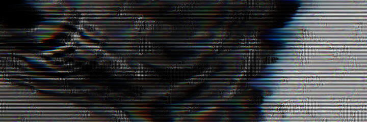 Monochrome background with interlaced digital glitch and distortion effect. Futuristic cyberpunk design. Retro futurism, web punk, rave DJ techno aesthetic neon colors layout