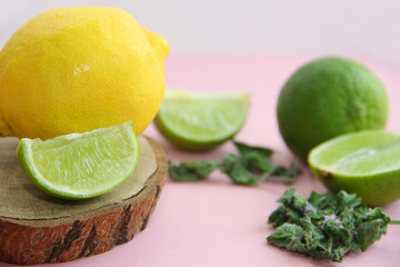 Lemon, lime, mint and juicy lime slices on a wooden plate on a bright background