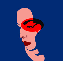 DOMESTIC VIOLENCE  -  woman face with red balloon / punch on dark blue background.