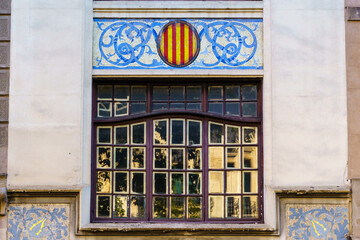 Stained glass window of the old pharmacy of Doctor Genové, architect Enric Sagnier in Rambla de Barcelona, Spain
