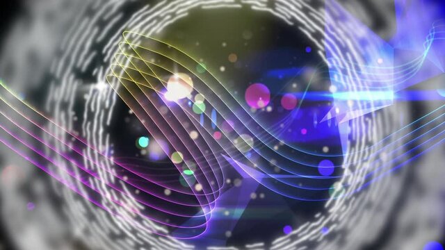 Animation of white rings, multi coloured music stave, lights and purple shapes on black background