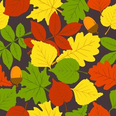 The pattern is fashionable on an autumn theme. The leaves are oak, birch, aspen, maple. Space for copying. Applicable for printing, posters, postcards, websites. Vector illustration.