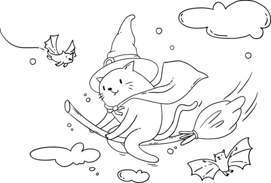 Coloring page Halloween cat flying on a broomstick in a witch's hat in the clouds with bats.