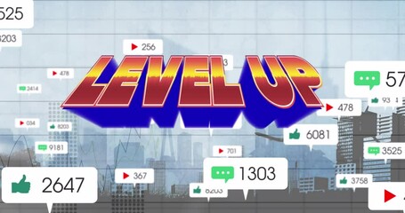 Animation of level up text and icons over digital cityscape - Powered by Adobe