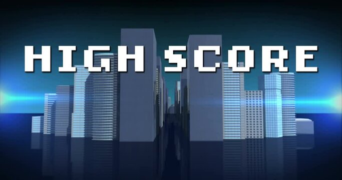Animation of high score text over digital cityscape