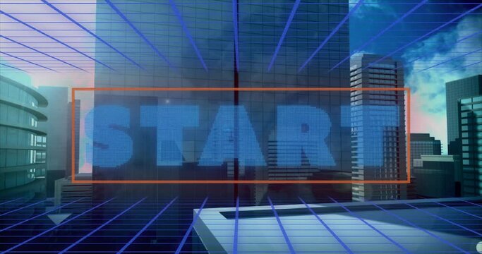 Animation of start text over digital cityscape