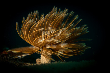 Feather duster worm (abellastarte spectabilis) on the reef off the island of Sint Maarten, Dutch...