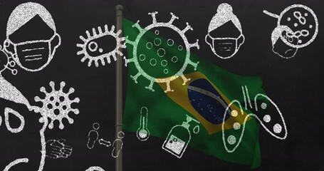 Animation of covid 19 virus cells and digital icons over flag of brazil - Powered by Adobe