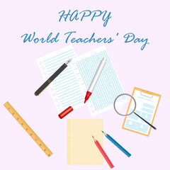 Felt pen, magnifier, fountain pen, squared sheet, ruler, pencils - vector. Education concept. Happy World Teachers Day. Back to school.