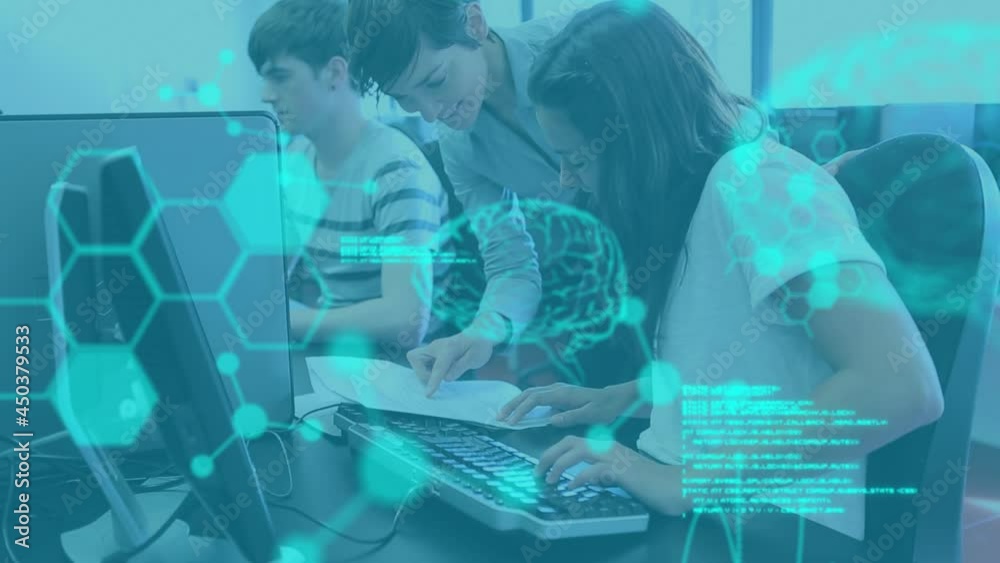 Poster animation of data processing over group of students using computers