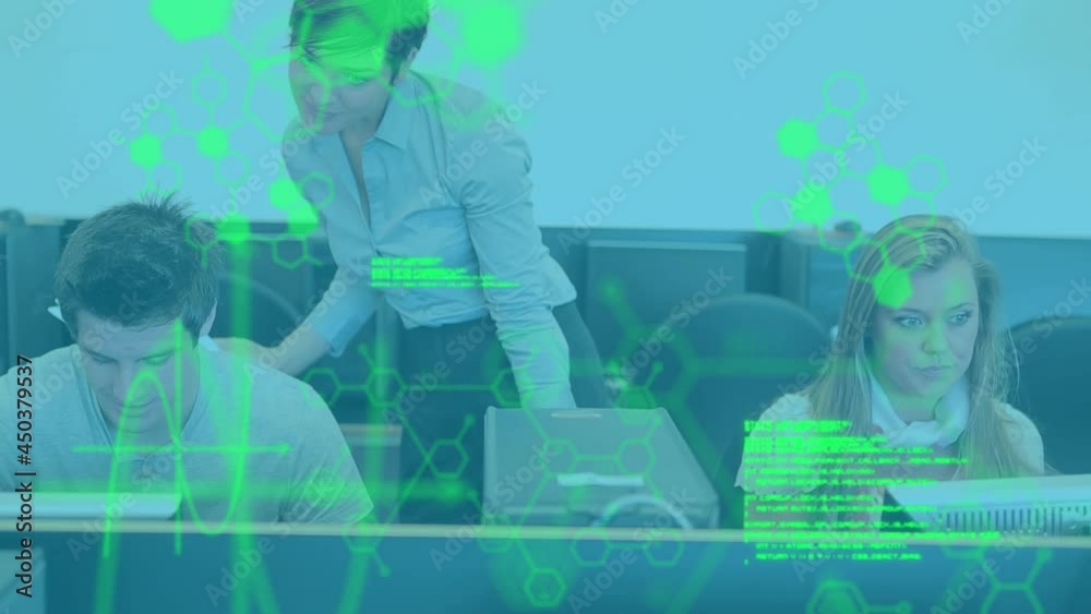 Poster animation of data processing over group of students using computers