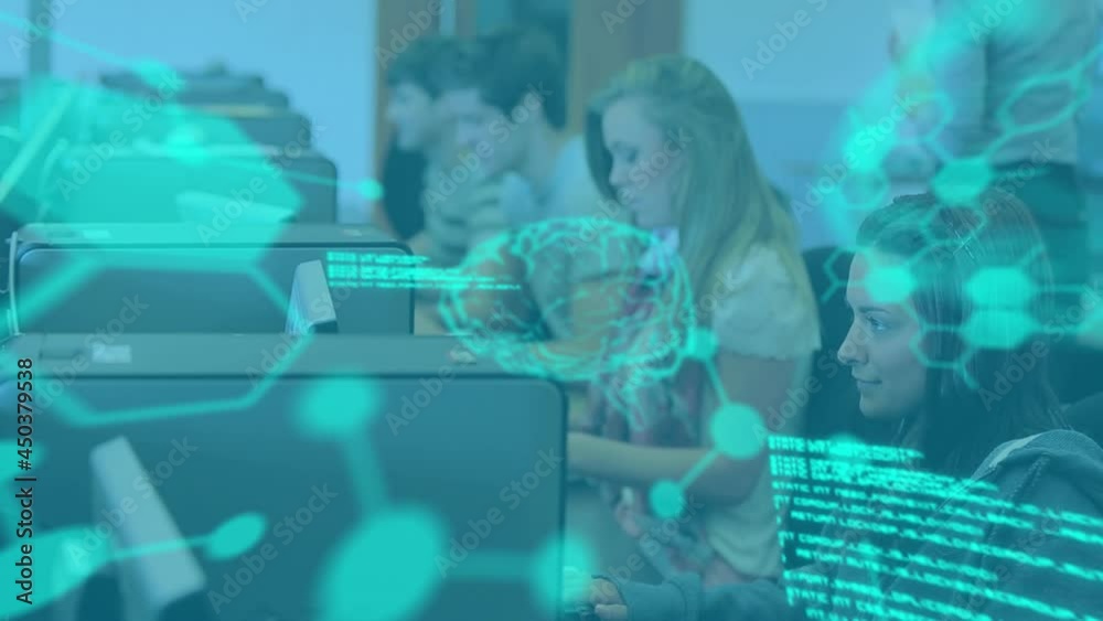 Poster animation of data processing over group of students using computers