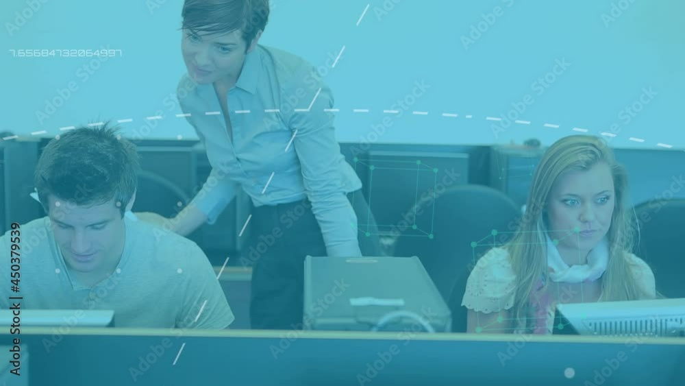 Poster animation of shapes moving over group of students using computers