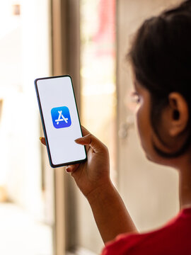 Assam, india - March 30, 2021 : Apple app store logo on phone screen stock image.