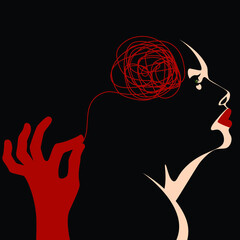 PSYCHOPATHOLOGY – MENTAL HEALTH DISORDER - hand pulling knot of wires from a woman's brain over black background - anxiety.