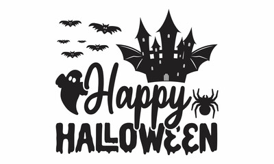 Happy Halloween, hand lettering, Vector illustration of witch on white background, Halloween invitation and greeting