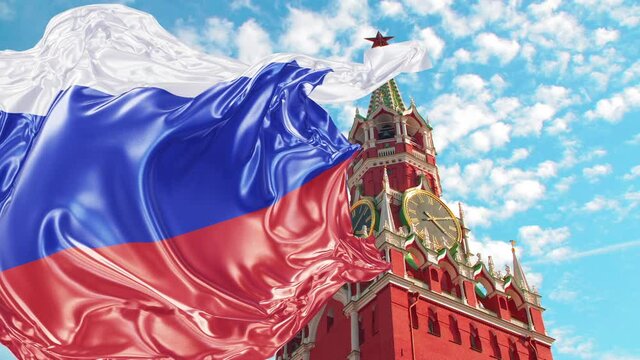 Realistic animation of the national flag of the Russian Federation as fly away opener reveals Spasskaya Tower of Kremlin at Red Square in Moscow. Live footage plus 3D animation rendered in UHD.