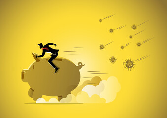 Scared businessman with piggy bank running away