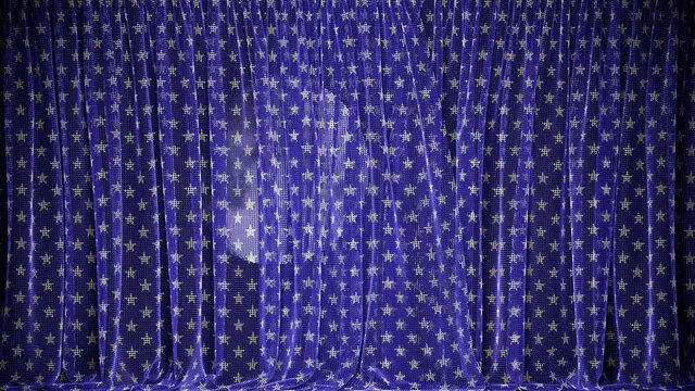 Realistic animation of the moon in a dark night sky behind the stylish stars pattern blue transparent fishnet curtain.  Live footage plus 3D animation rendered in UHD.