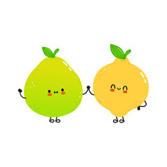 Cute happy lemon and pomelo. Vector hand drawn doodle style cartoon character illustration icon design. Сard whith cute happy lemon and pomelo. Friends concept

