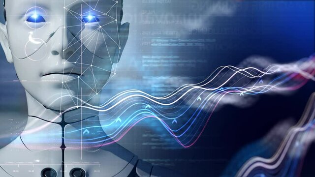 Cyber digital world 3D humanoid robot thinking coding and graph chart background, futuristic future digital technology AI artificial intelligence automated. Computer programming and knowledge concept