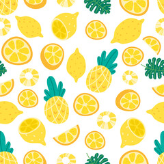 Fresh lemons, orange, pineapple background, hand drawn icons. Doodle wallpaper vector. Colorful seamless pattern with fresh fruits collection. Decorative illustration, good for printing