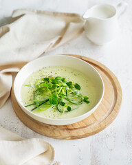 Vegetable puree soup. Green cream soup with micro-greenery. Soup in the Nordic style. Serving northern cuisine. Vegetarian food