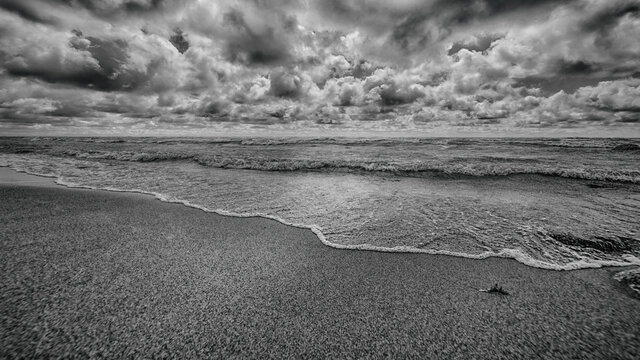 Dramatic black and white seascape wide angle view