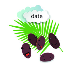 Several cute dates, date palm leaf and paper cut clouds. Template for poster, postcard, packaging.