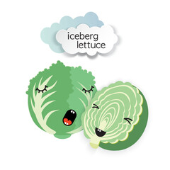 Two cute iceberg lettuce and paper-cut clouds. Template for poster, postcard, packaging.