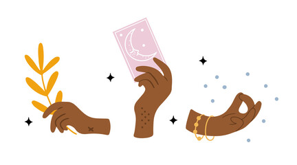 Set with three hand drawn vector human hands, esoteric, magic and tarot