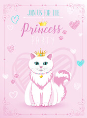 Birthday princess party. Cute white cat with a golden bell and crown.