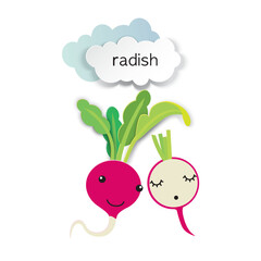 Two cute radishes and paper-cut clouds. Template for poster, postcard, packaging.