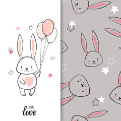 Greeting card with Easter bunny. Vector illustration of cute little rabbit. Baby print