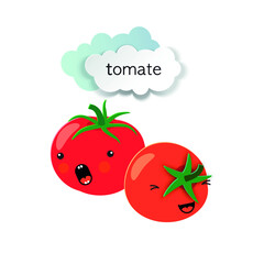 Two cute tomatoes and paper-cut clouds. Template for poster, postcard, packaging.